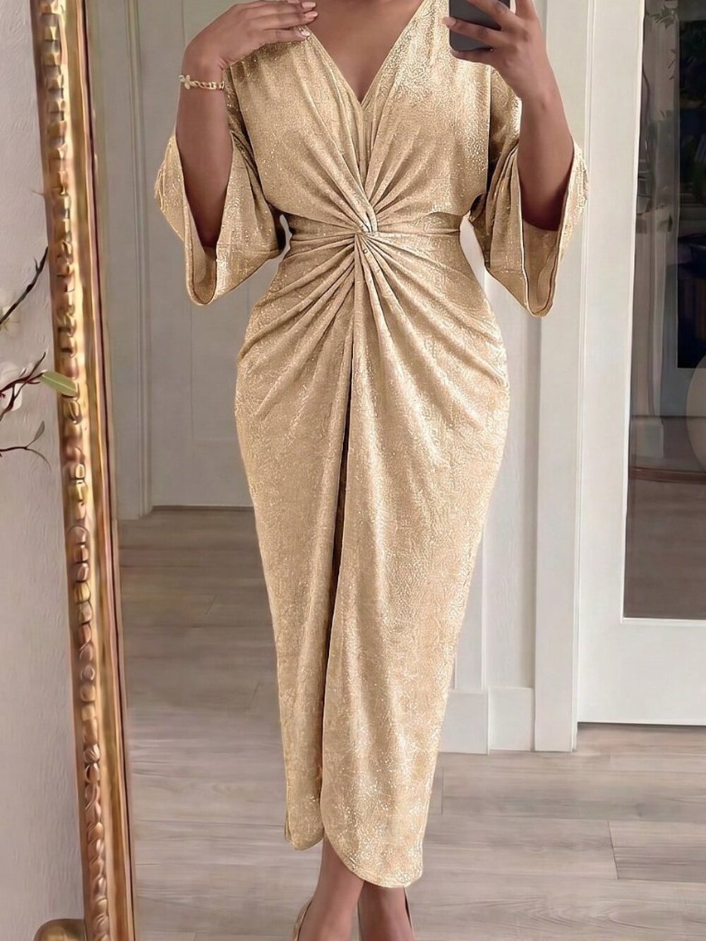 Khaki Elegant Women's Plus Size V-Neck Twist Ruched Waist Dress - Picture 5 of 6